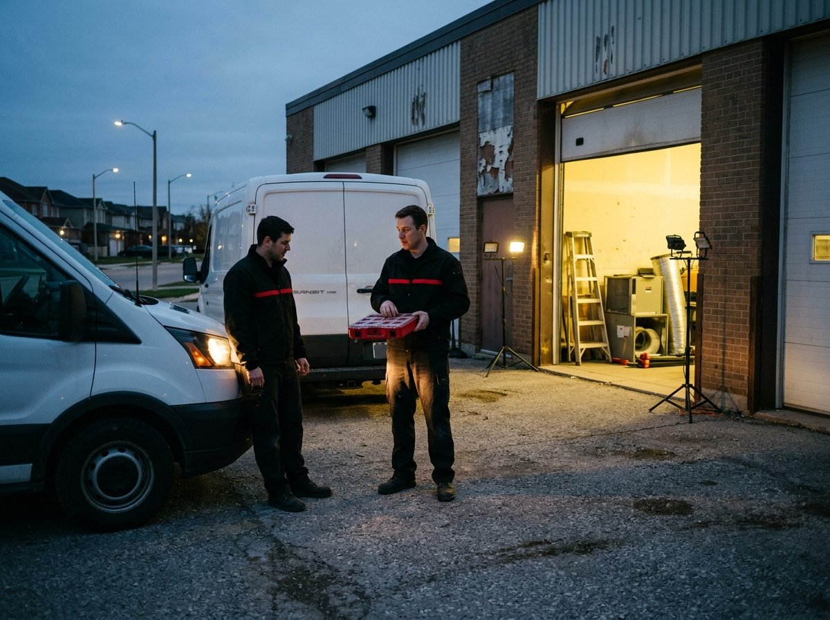 Two Rapid Gas service trucks and technicians at the Victoria Avenue shop at dusk