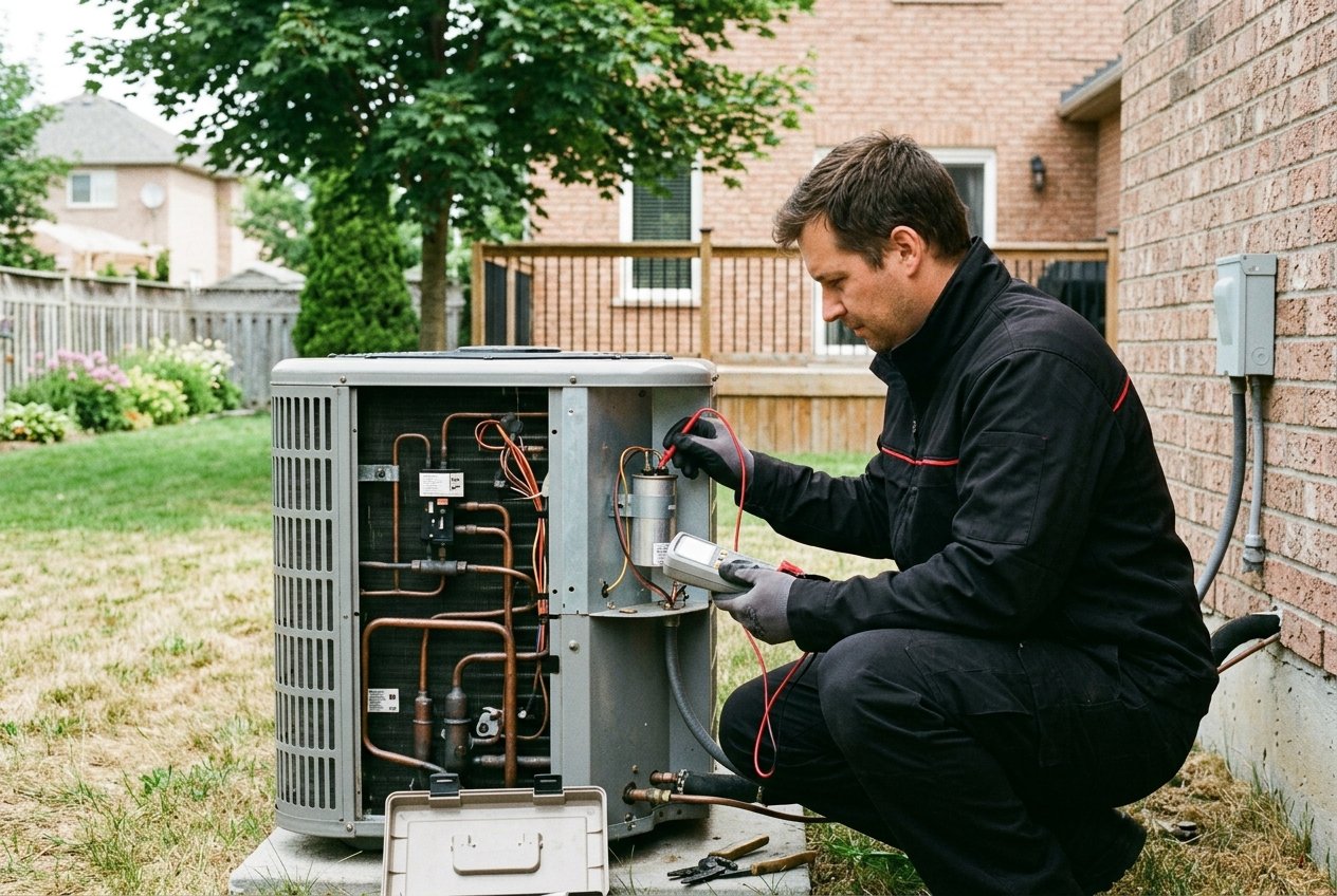 Outdoor air conditioning condenser being serviced in summer
