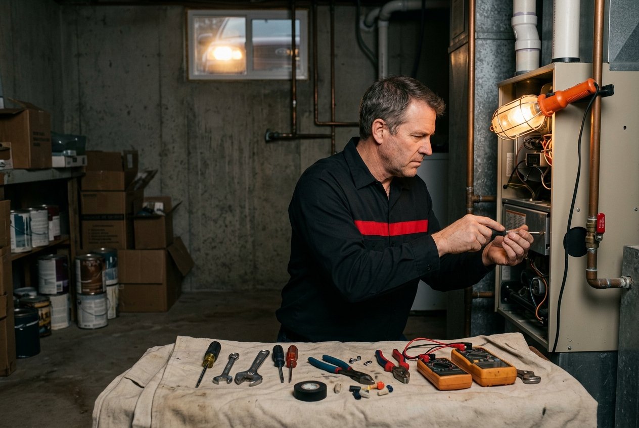 Technician repairing a furnace by work light during a night emergency call