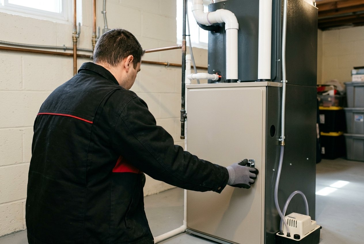 High efficiency furnace installed in a Belleville basement
