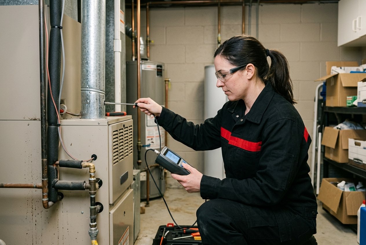Technician running a combustion test during a furnace tune up