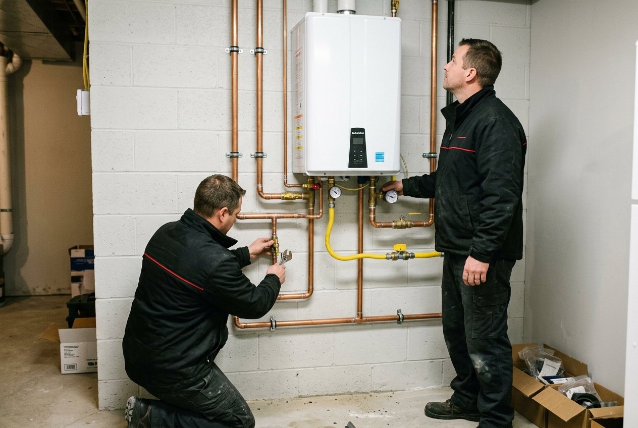 Tankless water heater mounted with new gas and water lines